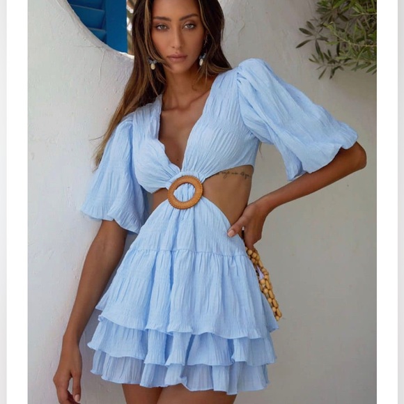 Blue Cut Out Ruffle Hem Dress - Picture 3 of 5